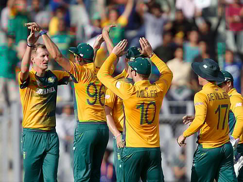 South Africa's Chris Morris (L) is congratulated by his teammates after taking the wicket of Afghanistan's Mohammad Shahzad. REUTERS