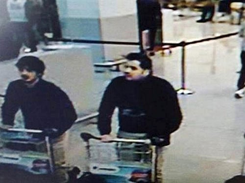 CCTV surveillance image shows what Belgian officials believe may be suspects in the Brussels airport attack. Reuters