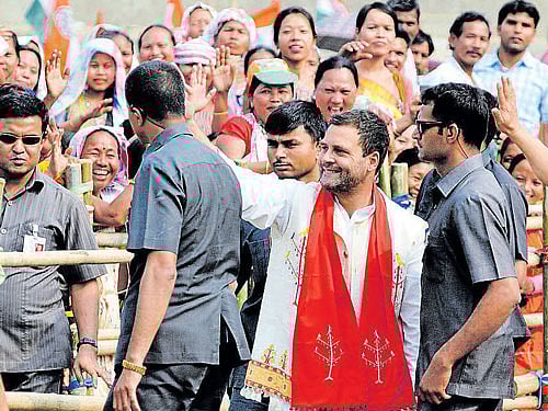 reaching out: Congress vice-president Rahul Gandhi at an election rally in Diphu in Assam on Tuesday . AFP