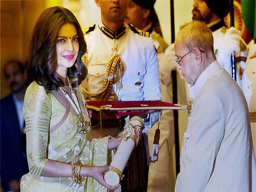 President Pranab Mukherjee presents Padma Shri to actress Priyanka Chopra at Padma Awards 2016 function at Rashtrapati Bhavan in New Delhi on Tuesday. PTI Photo