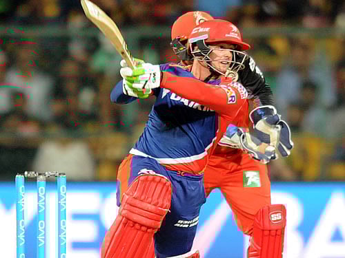Delhi Daredevils Quinton De Kock plays a shot against RCB in the IPL match at Chinnaswamy Stadium in Bengaluru on Sunday. Photo Srikanta Sharma R.