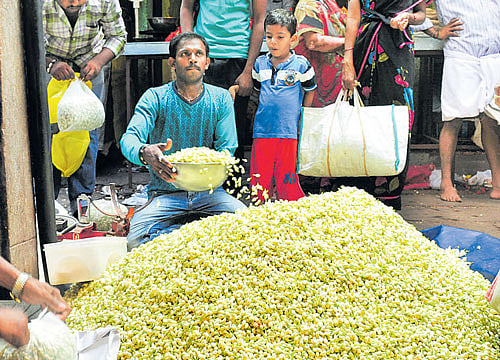 Exquisite: Mysuru Mallige for sale at Devaraja Market in Mysuru; (below) saplings and flowers at a conservation plot maintained by the  Horticulture Department in Mysuru. DH Photos by Irshad mahammad
