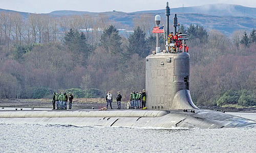 in deep sea: The USS Virginia, a Navy attack submarine at Gare Loch, Scotland. Russian attack submarines are prowling the coastlines of Scandinavia, Scotland, the Mediterranean Sea and the North Atlantic in what US military officials say is an increased presence. NYT