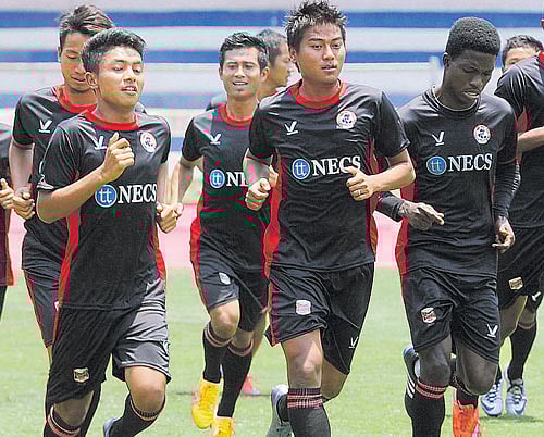 gearing up Aizawl FC players at a training session on the eve of their Federation Cup match against Bengaluru FC on Monday. DH photo/ Srikanta Sharma R