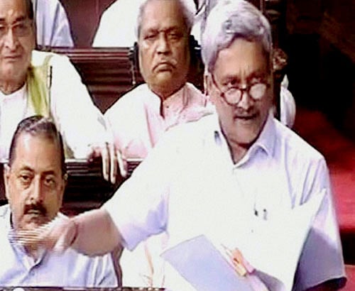 Defence Minister Manohar Parikkar speaks in the Rajya Sabha in New Delhi on Wednesday. PTI