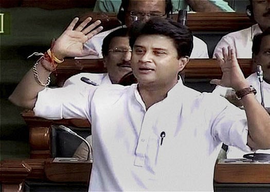 Congress leader Jyotiraditya Scindia speaks in the Lok Sabha in New Delhi on Friday. PTI Photo/TV grab