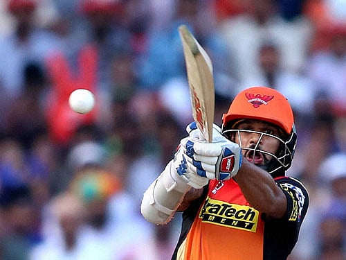 Shikhar Dhawan of Sunrisers Hyderabad plays a shot during IPL match against Mumbai Indians in Visakhapatnam on Sunday. PTI Photo.