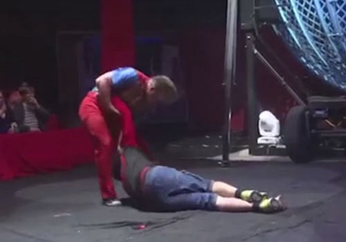 Ben Garnham, from Caerphilly county in Wales, was taken to hospital after a backflip attempt by Benji the clown misfired. Screengrab image