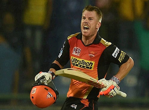 Sunrisers Hyderabad batsman David Warner celebrate after winning during an IPL T20 match against Gujarat Lions at Feroz Shah Kotla in New Delhi on Friday. PTI Photo