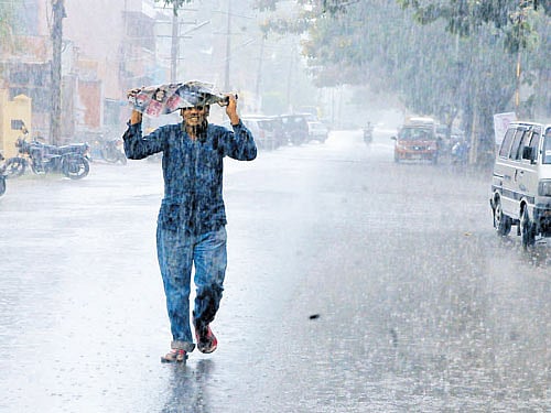 Sudden showers caught residents unawares in Chikkamagaluru on Monday. DH photo