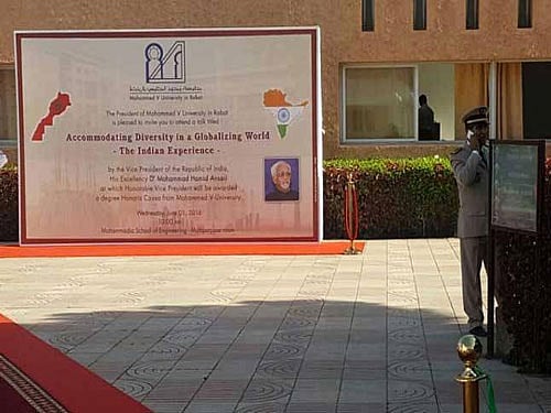 In a major goof-up, a university in Morocco welcoming Vice President Hamid Ansari for a talk showed a map of undivided India, with Pakistan, Bangladesh and Afghanistan as part of its territory. Image courtesy: ANI Twitter