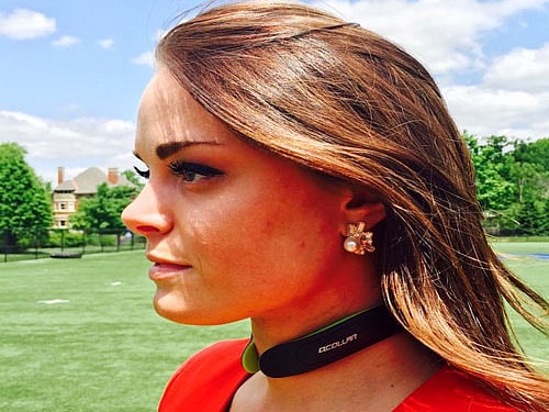 The neck device, called a Q-Collar, is designed to press gently on the jugular vein to slow blood outflow increasing the brain's blood volume, according to researchers from Cincinnati Children's Hospital Medical Centre in the US. Image courtesy Twitter.