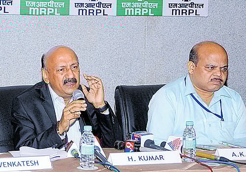 Mangalore Refinery and Petrochemicals Limited Managing Director H Kumar at a press conference in Mangaluru on Monday.  A K Sahu, Director (Finance), looks on.