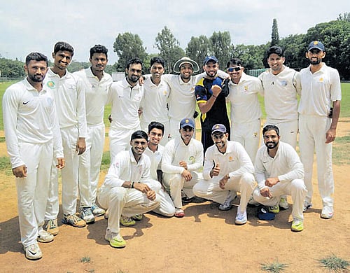 Champions President's XI, winners of the Safi Darashah tournament that concluded in Bengaluru on Tuesday. Standing: (From left) Shreyas Gopal, S Prashanth, Koushik V, Prithvi Varadarajan, Suresh H Karani, M Kranthikumar, Shravan (Physio), Anirudha Joshi, Gowtham K, Mir Kaunain Abbas. Kneeling: Sharath Srinivas, Ankith Udupa, KN Bharath, J Suchith, Nishant Singh Shekhawat.
