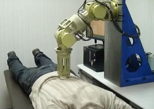Emma, or Short for Expert Manipulative Massage Automation, a robotic arm with a 3D-printed massage tip, can resolve some of the challenges faced by sports therapy clinics. Video grab