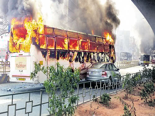 Three passengers were charred to death and several others injured today when a private bus carrying 17 people caught fire in Karnataka's Hubballi city, police said. DH photo for representation only