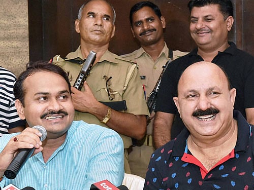 BSP MLAs Romi Sahni and Brijesh Verma address a press conference regarding sloganeering against expelled BJP leader Dayashankar Singh's family, in Lucknow on Wednesday. PTI Photo