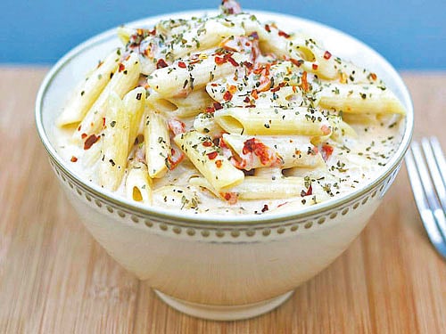 wholesome White sauce pasta and (below) Egg 'biryani'.