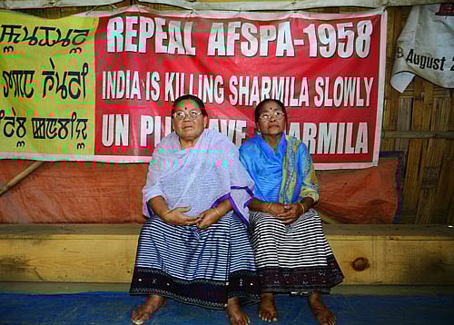 Seventy-one-year-old Soibam Momon Leima (left) who was among the 12 mothers who paraded naked in front of the Kangla Fort in Imphal on July 18, 2004, in protest against  AFSPA. She has been leading a relay hunger strike in support of Sharmila from 2008.