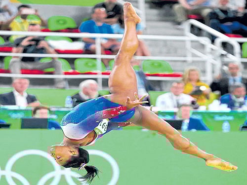 dancing to the tunes: Simone Biles of the US during her floor routine final at the Rio Olympics on Tuesday. reuters
