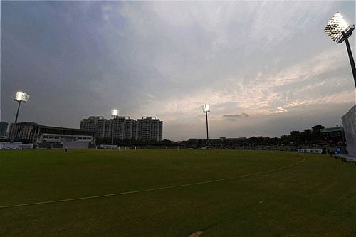 Duleep Trophy match being played being played under floodlights for the first time at Shaheed Vijay Singh Pathik Sports Complex in Greater Noida on Tuesday. PTI Photo