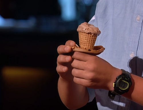 Sam Nassif and Oliver Greenwald created the Drip Drop which is an edible 'ring' made out of waffle cone ingredients that protects ice cream drips from getting on people's hands and clothes. Video grab