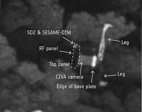 The European Space Agency (ESA) released a photograph of the washing machine-sized robot lab on the comet's rough surface, one leg thrust into the air. Image courtesy: ESA Rosetta Mission/Twitter