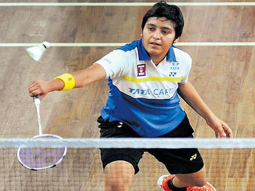 Shikha Gautam in action against Ruth Misha V during the rwomen's singles' quarterfinal match on Thursday. DH PHOTO