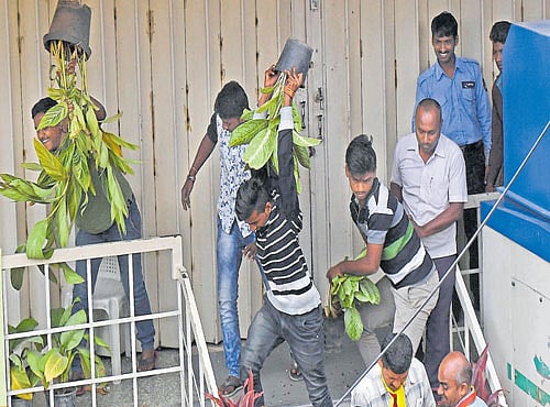 Protesters ransack a private firm in Basavanagudi. Dh photo