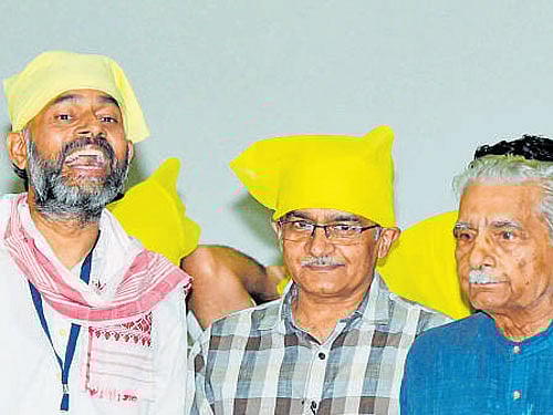Swaraj Abhiyan leaders Prashant Bhushan, Shanti Bhushan and Yogendra Yadav at the launch of their new party in New Delhi on Sunday. PTI