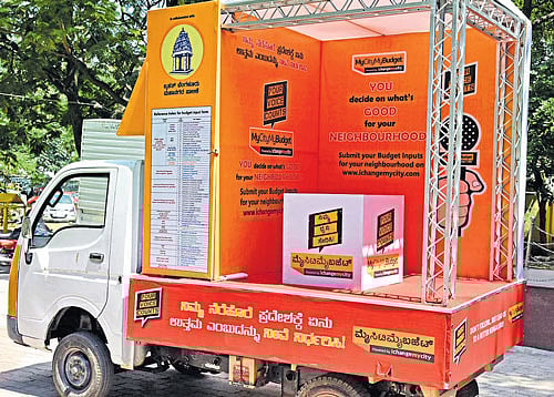 The bus to be used in the 'My City My Budget' campaign all over the city. DH Photo