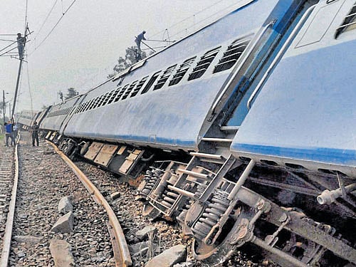 off the track: The coaches of the Jhelum Express that derailed in Ludhiana on Tuesday. PTI
