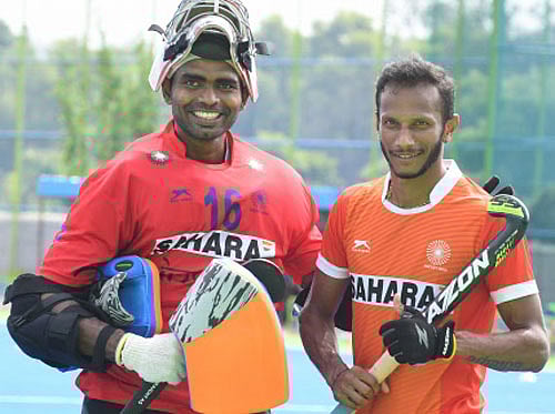 Indian Hocky team captain P R Sreejesh and vice-captain S V Sunil during the team practice session at SAI Sports complex in Bengaluru. DH file photo