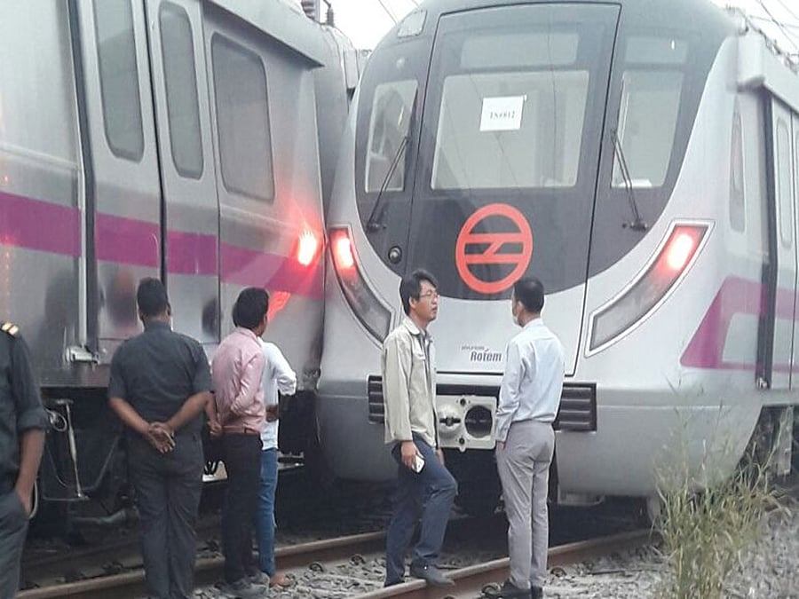 The new trains, manufactured by Hyundai Rotem, are equipped with advanced anti-collision technology. The incident occurred yesterday at 3:45 pm during the pre-commissioning phase, but inquiry has been ordered into the case, a DMRC official said. Picture courtesy Twitter
