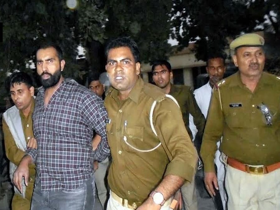 Parminder alias Penda was travelling in an SUV when his vehicle was intercepted by police at a check post in Kairana in Shamli district in western Uttar Pradesh, police said. Image: ANI Twitter