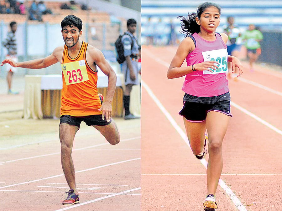 Speedy Nagaraj Devappa (left) of Government First Grade College, Hosakote clinched the boys' U-19 200M gold. Meenakshi R from DPS, East won the senior girls' 400M. DH photos