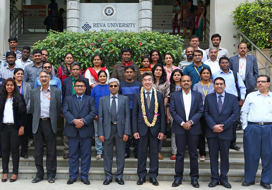 Esteemed gathering: Norishige Morimoto (fifth from left) with officials from REVA University and IBM.