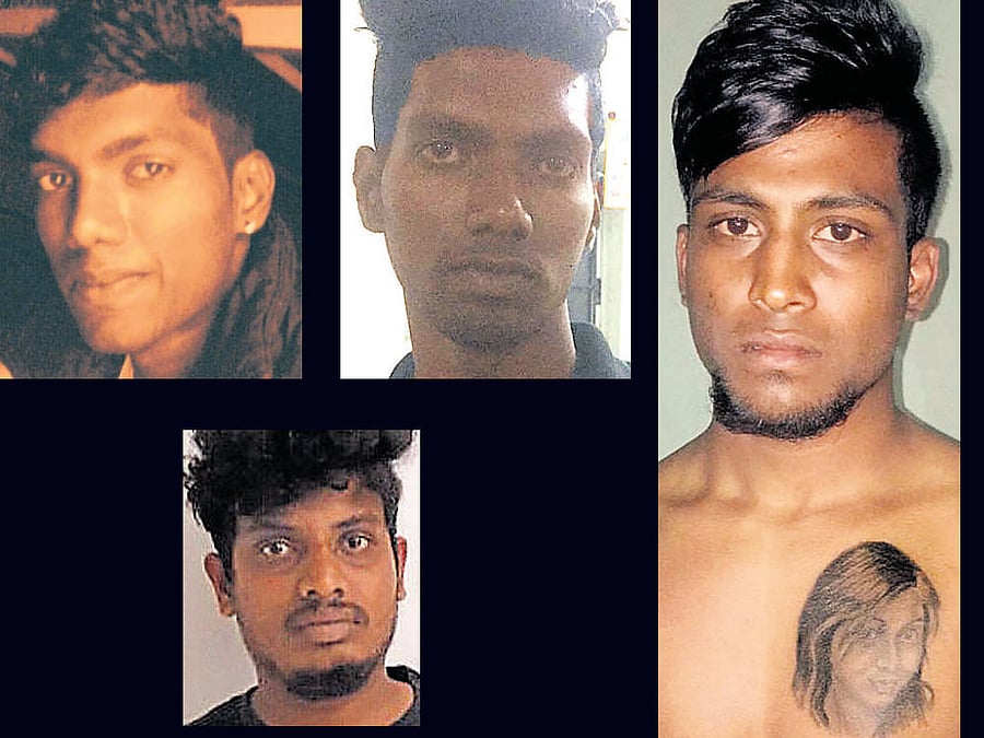 The four suspects arrested on Thursday in connection with the Kammanahalli molestation case. The one with a tattoo has been identified as Leno.