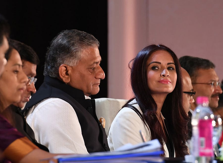 Retd Gen V K Singh, Minister of State for External Affairs, Ruby Dhalla, a politician from Canada, and others at a plenary session on 'Diaspora Organisations: Bridging Distances, Unlocking Opportunities'. DH photo