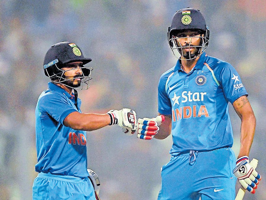 DEADLY DUO: While Kedar Jadhav (left) shone with the bat in the series,Hardik Pandyamade crucial contributions with both bat and ball to stake his claim as a seaming all-rounder. PTI