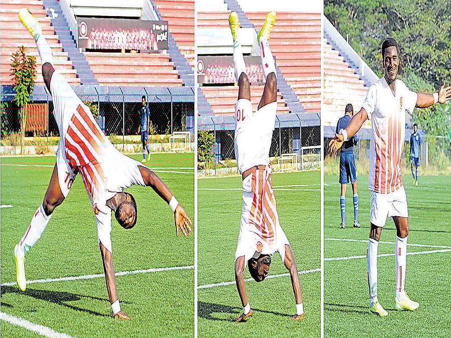ECSTATIC: CIL's Edjique Lorng Riva Landry celebrates after scoring his second goal against AGORC. DH PHOTO