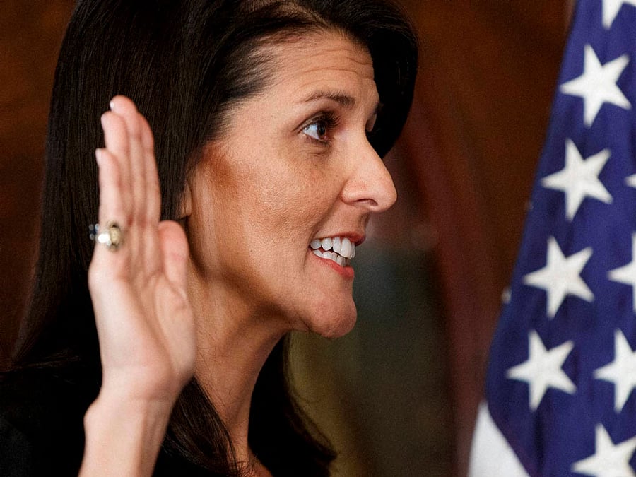 Former South Carolina Gov. Nikki Haley is sworn-in as U.S. Ambassador to the UN by Vice President Mike Pence, in the Vice Presidential Ceremonial Office in the Eisenhower Executive Office building on the White House complex in Washington. AP/PTI Photo