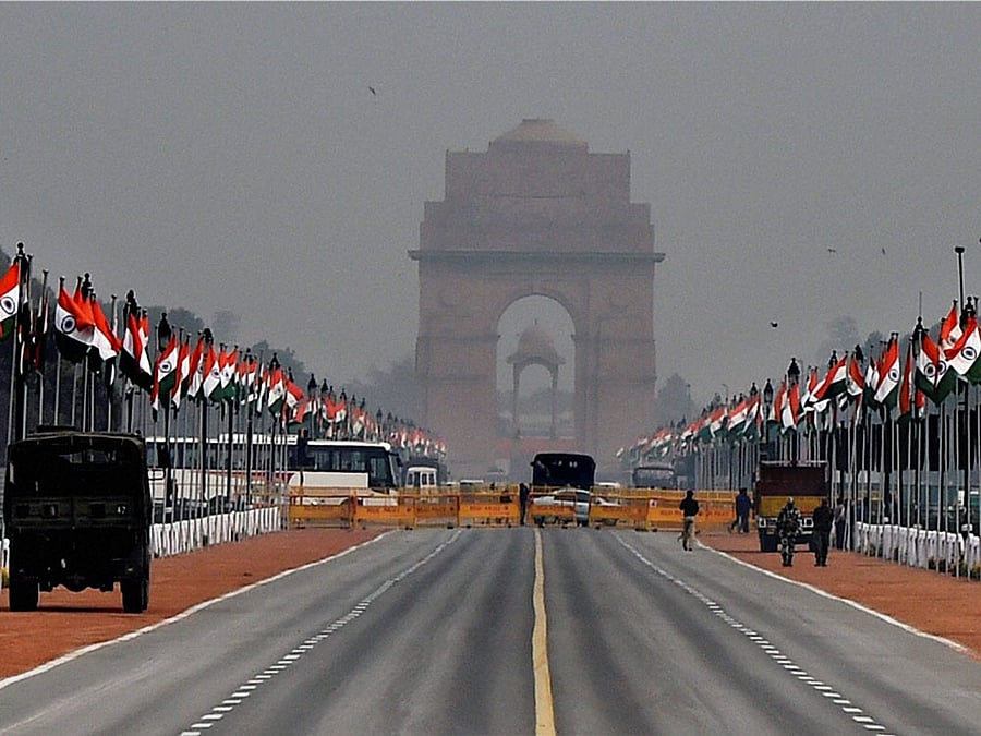 A view of Rajpath decked up for Republic Day Parade in New Delhi on Wednesday. PTI Photo
