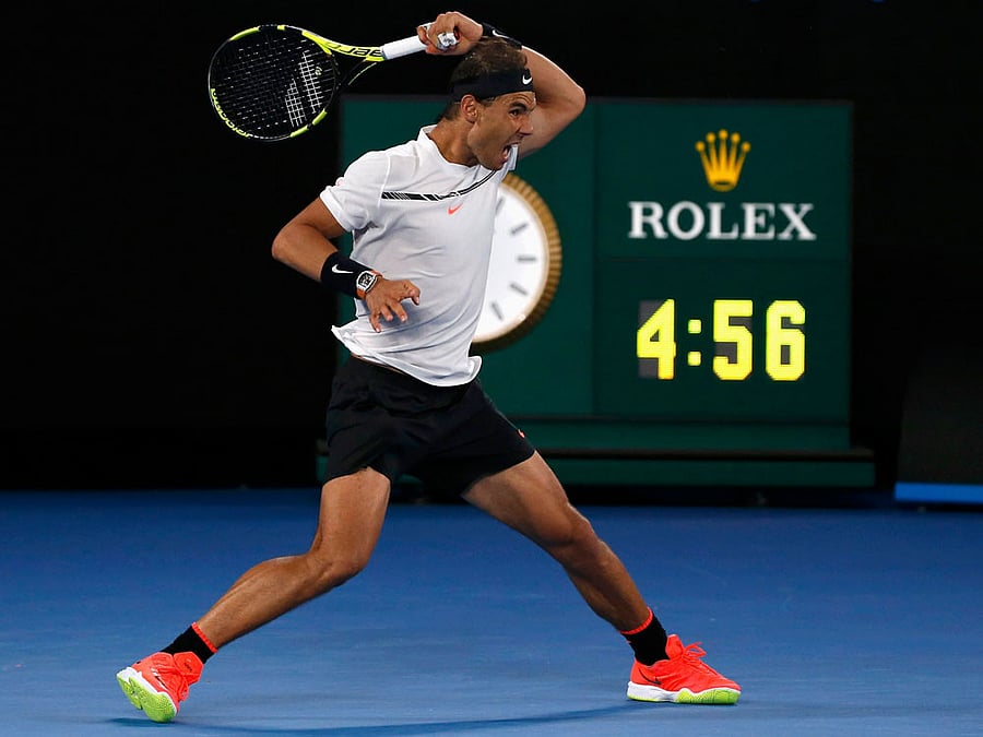 Spain's Rafael Nadal reacts during his Men's singles semi-final match against Bulgaria's Grigor Dimitrov. Reuters Photo.