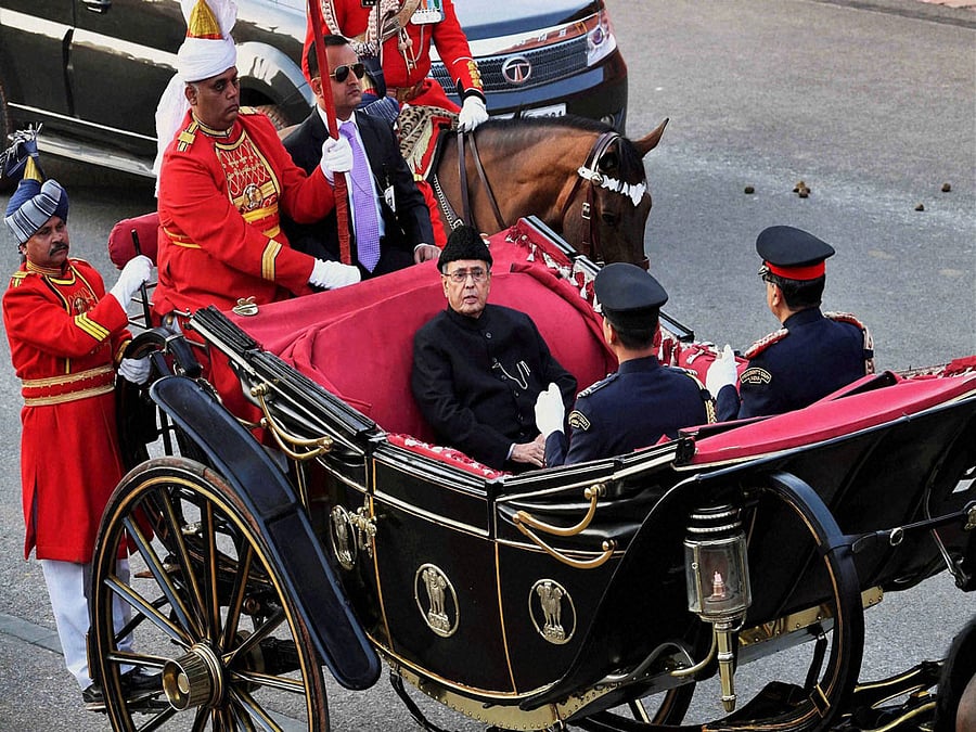 President Pranab Mukherjee on his way to witness Beating Retreat ceremony at Vijay Chowk in New Delhi on Sunday. PTI Photo