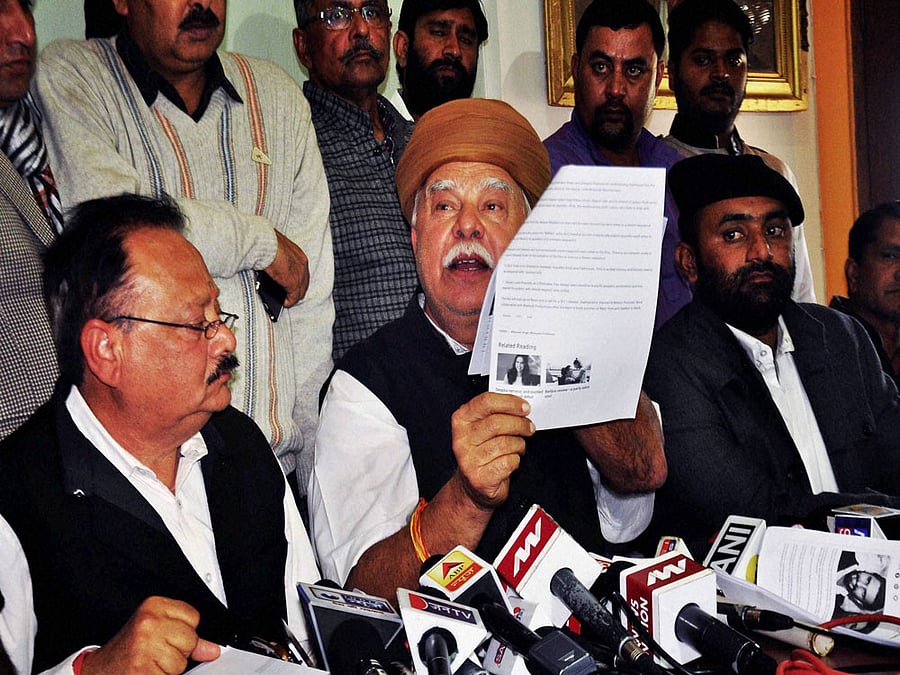 Karni Sena leader Lokendra Singh Kalvi with other leaders addressing the press, after being accused of assaulting filmmaker Sanjay Leela Bhansali at the set of his film Padmavati, in Jaipur on Saturday.PTI Photo