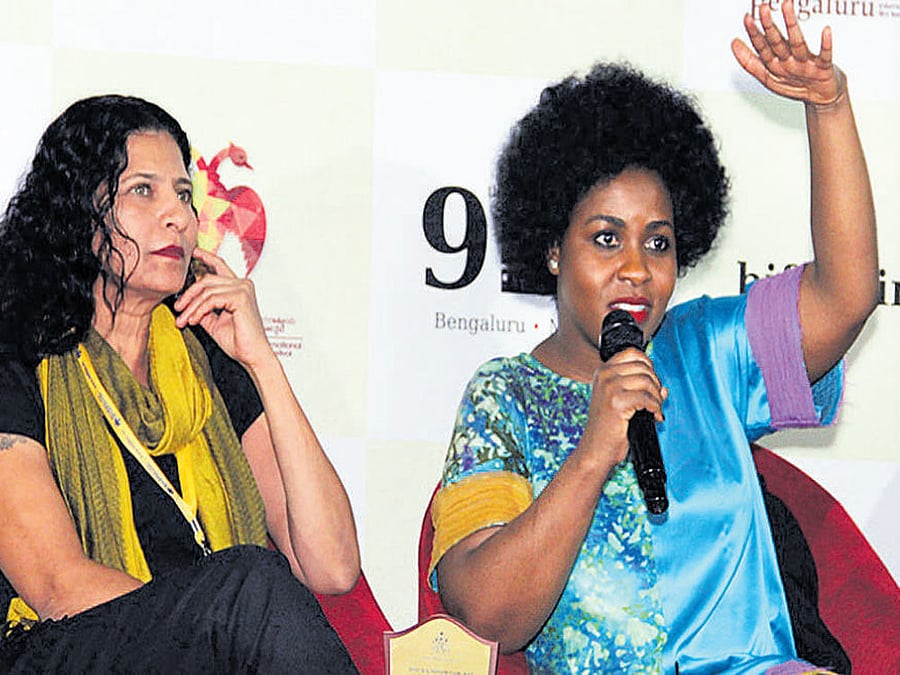 US filmmaker Priscilla Anany speaks during a session at Biffes on Monday. Kannada director Kavitha Lankesh looks on. dh photo