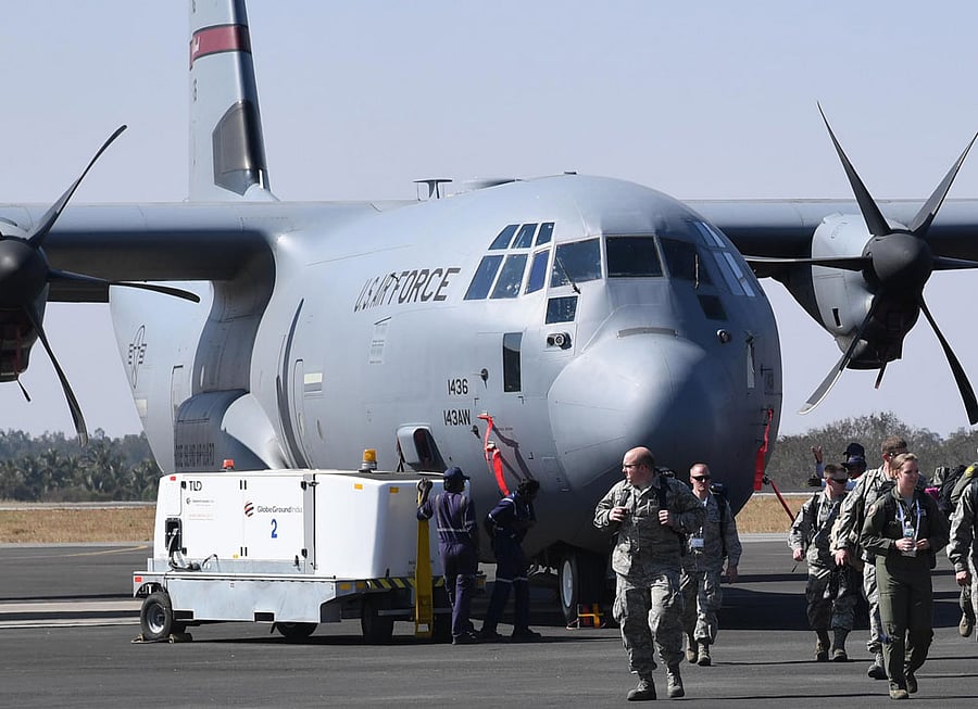 The Rhode Island Air National Guard team arrives in the Lockheed Martin aeroplane at the Yelahanka Air Force station in Bengaluru on Sunday, ahead of the Aero India 2017 aerospace and defence exhibition. DH PHOTO/Kishor Kumar Bolar