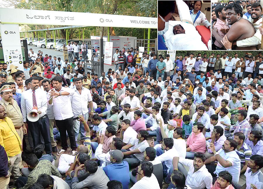 Drivers protest outside Ola's headquarters at Murugeshpalya in the city on Thursday, pressing for their various demands. (Inset left) Mohan Kumar, a driver who attempted suicide, is being treated at Manipal Hospitals. (Inset right) Another cabbie, Srinivas, is being eased out of the protest site as he tried to immolate himself. DH Photos / Srikanta Sharma R
