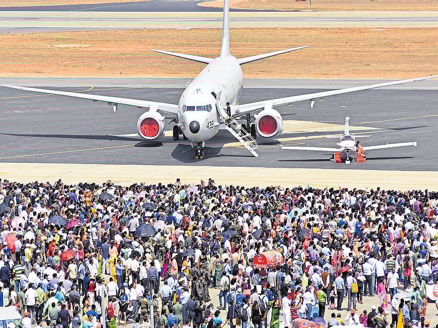 An aerial view of the Yelahanka Airbase during the Aero India show. DH Photo / B K Janardhan